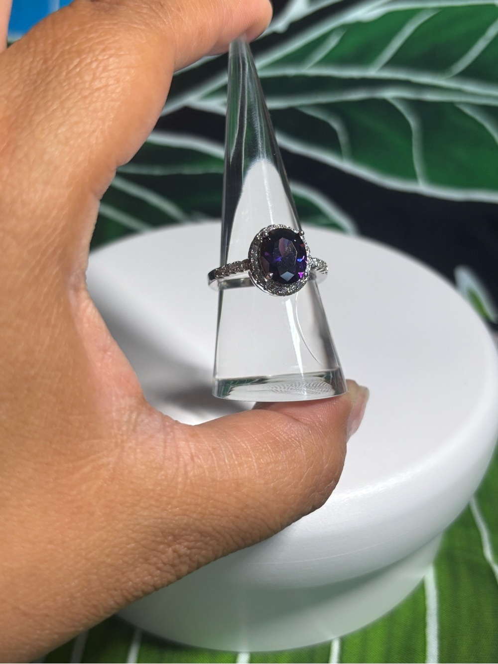 Sterling Silver Purple Amethyst Oval Halo Ring